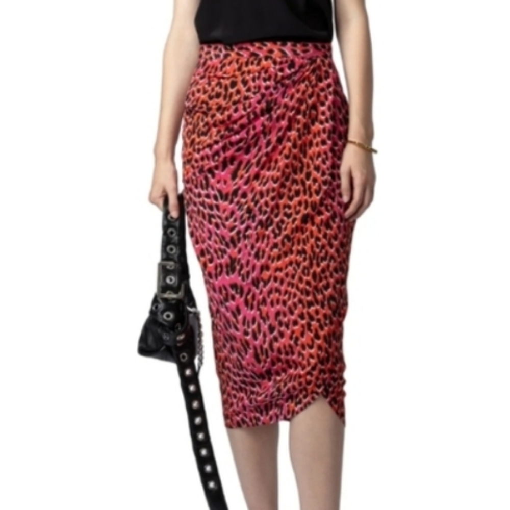 Zadig & Voltaire Jamelia Pink Leopard Silk Skirt Women's Size XS/FR 34 New